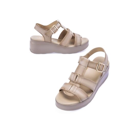 Image of Platform Sandals Women Chunky Wedge Sandals for Women Comfortable | Women's Flat Summer Shoes Round Open Toe with Arch Support Wide Strap Faux Leather Wedges for Beach Camping Travel Office