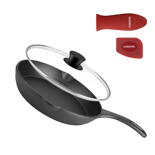 Image of CUISGUSTO 6 Inch Cast Iron Skillet with Tempered Glass Lid, Pre-Seasoned for Even Heating, Silicone Handle Cover & Pan Scraper, Perfect for Single Meals & Side Dishes
