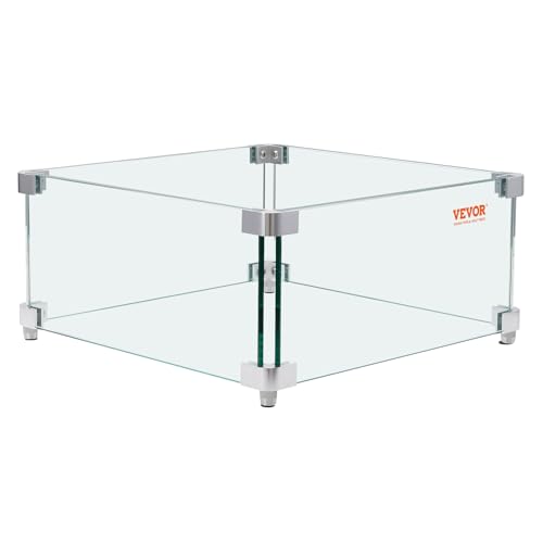 VEVOR Windschutz für Gas-Feuerstelle für quadratischen Feuertisch, 380 x 380 x 180 mm, Windschutz für Feuerstellen, 8 mm Dicker quadratischer Glasschutz, Glasplatte mit Harter Eckhalterung und Füßen