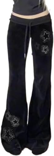 Womens Y2k Gothic Drawstring Flare Pants Streetwear Casual Star Rhinestone Low Rise Disco Pants Bell Bottoms
