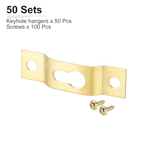 Image of DTGN 40mm x 11mm Keyhole Hanging Plate with Screws - 50Pcs - Good for Hanging Paintings - Picture Frame Hook Photos - Gold