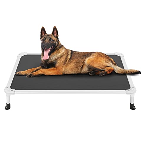 Veehoo Chew Proof Elevated Dog Bed - Cooling Raised Pet Cot - Silver Aluminum Frame and Durable Textilene Mesh Fabric, Unique Designed No-Slip Feet for Indoor or Outdoor Use, Black, 42"x 31"