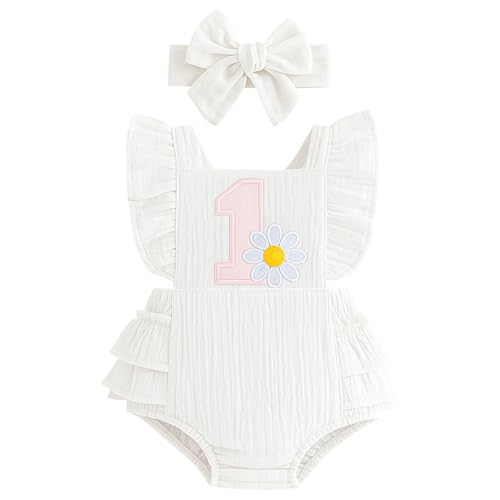 Winmany Baby Girl First Birthday Outfit 1st Birthday Sweet Cotton Romper With Headband Cake Smash Photo Shoot Clothes