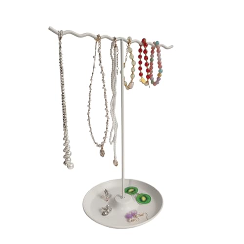 White Jewelry Holder Stand with Stable Tray Base, Minimalist Metal Jewelry Organizer Tree, 8 Hooks Necklace Hanger Storage Tray, T-Shaped Iron Jewelry Rack for Vanity Dresser Countertop Display