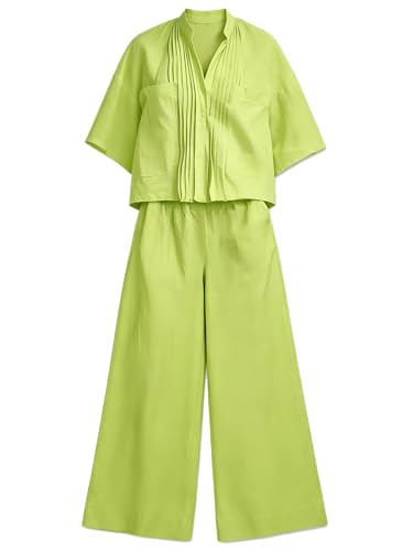 Chemisier à manches courtes col V et pantalon large ensemble été 2 pièces décontracté