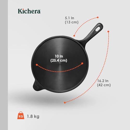 Image of Kichera 10Inch Pre Seasoned Cast Iron Dosa Tawa /Pan with a Long Handle - 1.8kg Weight, Natural Non-Stick Surface | Induction Friendly | Ideal for Dosa, Roti, Chapathi and More
