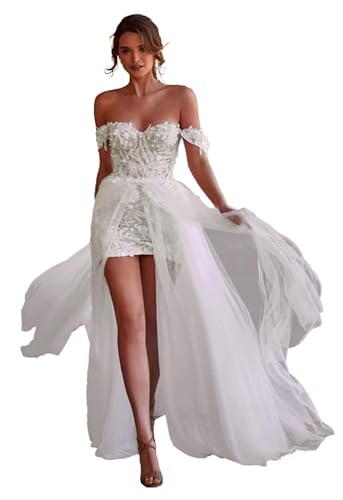 White Wedding Dresses for Bride Two Piece Lace Tulle Short Mermai...