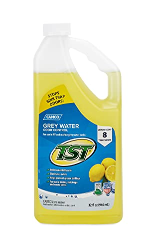 Camco TST Lemon Scent RV Grey Water Odor Control, Stops Sink Trap Odors, For Use In Drains, Sink Traps and Waste Vents, Treats up to 8 - 40 Gallon Holding Tanks (32 Ounce Bottle) - 40252