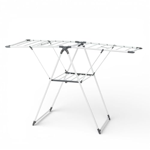 Pincho Tendedero Plegable Tendedero Extensible de Pie, Tenderete de Ropa con Alas, Tendederos Plegables Interior/Exterior, Colgador Ropa Plegable Acero Blanco - Secar Ropa Ahorro de Espacio