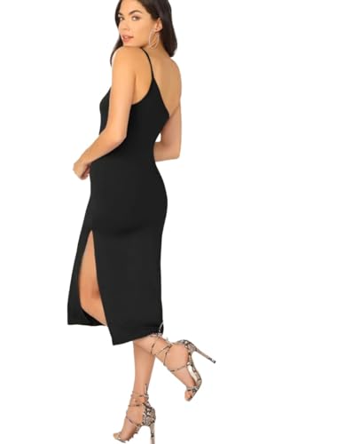 Image of TIVANTE Solid One Shoulder Midi Cami Bodycon Dress with Slit for Women