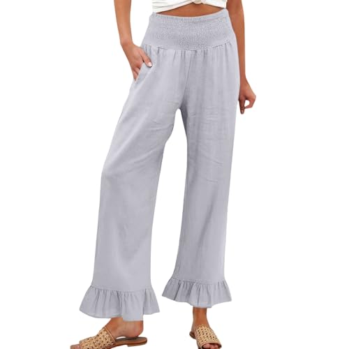 Image of Palazzo Pants for Women Linen Smocked Elastic Waist Ruffle Wide Leg Pants Summer Beach Flowy Boho Pant with Pockets