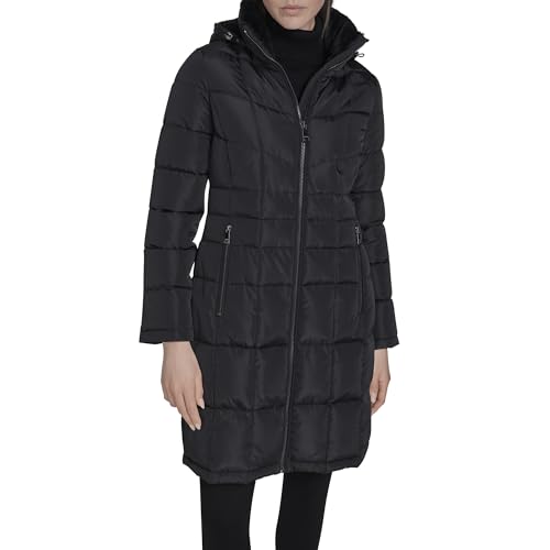 Calvin Klein Abrigo acolchado de longitud completa para mujer, chaqueta de invierno acolchada con capucha y cremallera frontal, Negro, S
