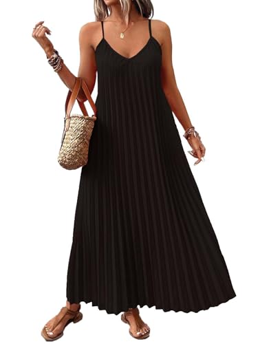 Image of Women's Summer Casual V Neck Sleeveless Strappy Pleated Flowy Loose Maxi Long Beach Dress