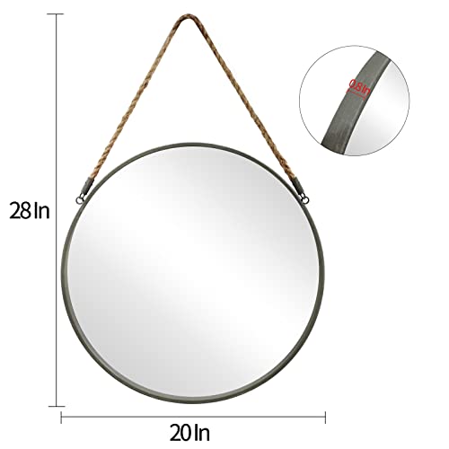 POZINO Round Hanging Mirror, Circle Wall Mirror with Rope, 20 Inch Farmhouse Mirrors for Bathroom Bedroom Living Room Entryway Home Decor, Grey - Image 2