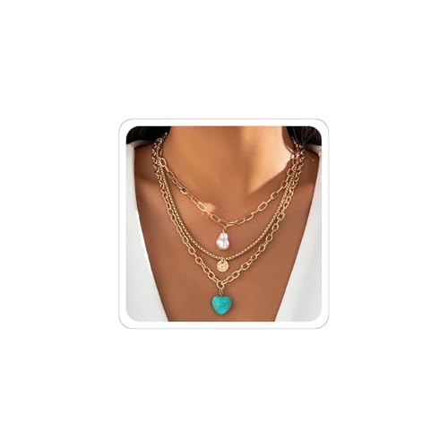 Gold Layered Necklaces Country Concert Outfits for Women Western Turquoise Pearl Necklace Boho Jewelry Cowboy Cowgirl Necklaces Vintage Bohemian Accessorie Christmas