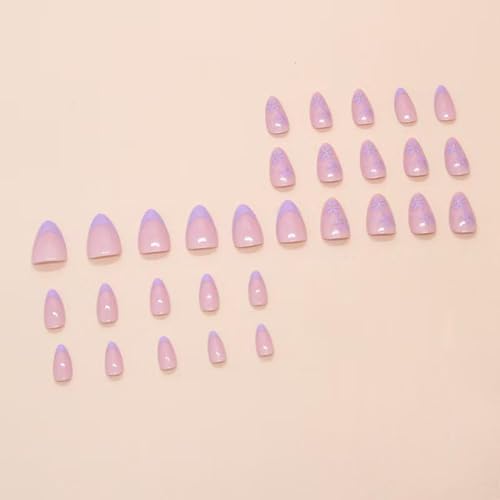Image of Purple French Tip Press on Nails Flower Fake Nails Short Almond False Nails with Design Nude Glue on Nails Glossy Artificial Acrylic Full Cover Lilac Floral Stick on Nails for Women Manicure 24Pcs