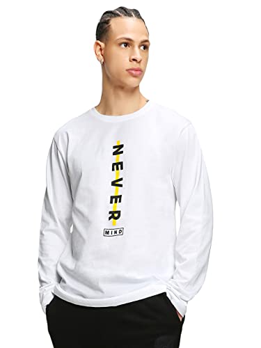 Image of Bewakoof Men's Never Mind Stripe Printed 100% Cotton T-Shirt - Regular Fit, Round Neck, Full Sleeves