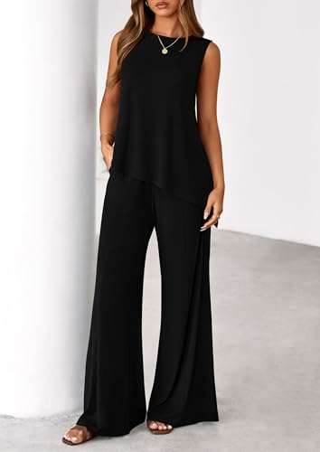 PRETTYGARDEN Women's 2025 Two Piece Matching Lounge Sets Asymmetrical Split Tank Tops Wide Leg Pants Summer Outfits Tracksuit4