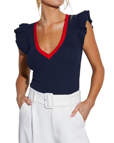 Ezbelle Womens Summer Sleeveless Tops Ruffle Shirts Crop Tank Top Deep V Neck Tshirts Short Sleeve Sexy Blouse Knit Work Office FittedSmall Navy Blue