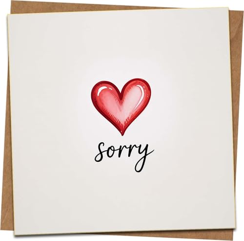 Sorry Card with Red Heart - 145mm x 145mm Square Apology Greeting Card with Kraft Envelope Cute Minimalist Design for Boyfriend Girlfriend Husband Wife Friends