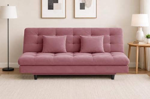 Image of Velvet Fabric Wooden 3-Seater Apsen Sofa Bed with Tufted Couch with Adjustable Backrest- Living Room Furniture-Rose Pink-Color