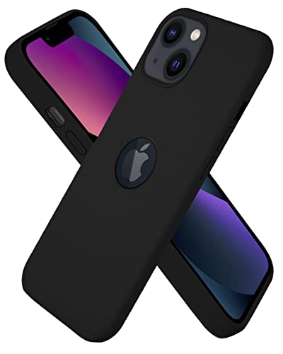 Image of Elzzi Microfiber Logo Cut Cover Compatible for iPhone 13 Mini Case Cushion Liquid Soft Silicone Gel Rubber Phone Cases Non-Slip Full Body Protective Shockproof Back Cover 5.4 inch, Black