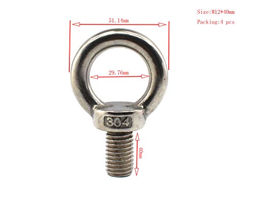 Image of 304 stainless steel M12 lifting rigging eyebolt ring Shaped with lengthened thread(40mm) pack of 4 pcs
