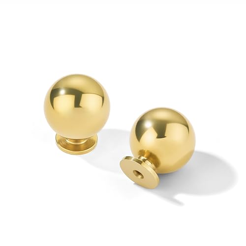 khtumeware 5 Pack 100% Solid Unlacquered Brass Cabinet Knobs Round Ball Real Brass Real Brass Knobs for Dresser Drawer 1-1/8 Inch Diameter