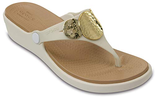 Crocs Women's Sanrah Embellished Flip Wedge Sandal, Oyster/Gold, 7 M US