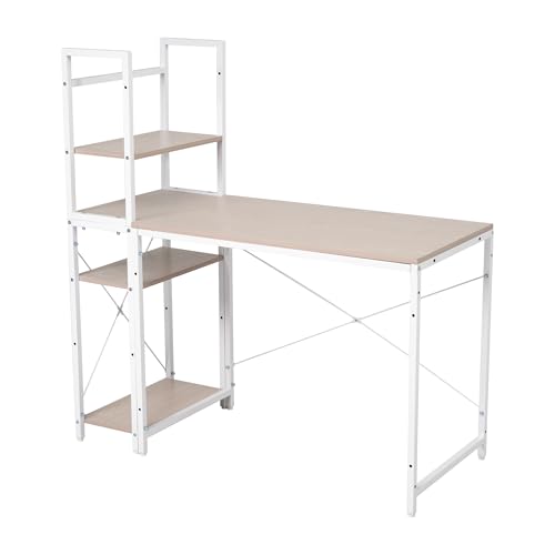 【N512P311156Nオフィスチェア+パソコンデスク セット】【木目調 ホワイト】パソコンデスク ラック付き デスク ワークデスク 木製 学習デスク