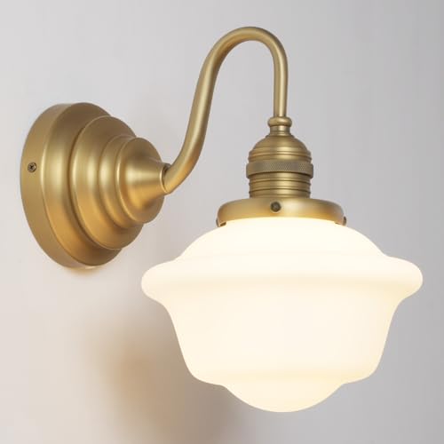 Image of Vintage Wall Sconce Brass Gold Milk Glass Bathroom Vanity Light