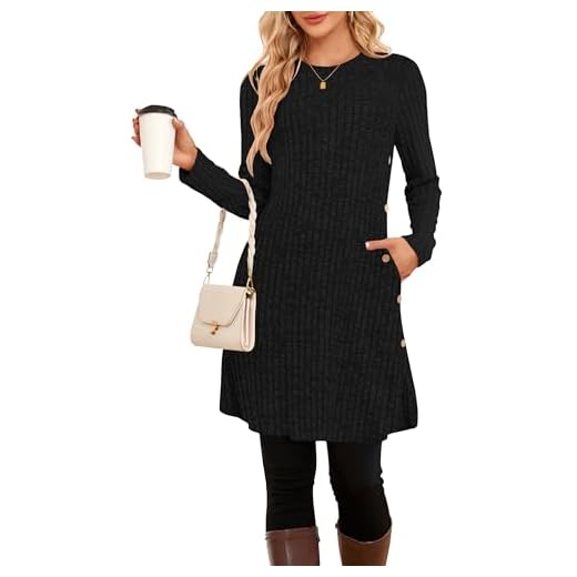 SENBATU Vestido Tipo Jersey para Mujer, Vestidos de Manga Larga para Mujer, Vestido Tipo túnica con Botones Laterales y Bolsillos Negro Large