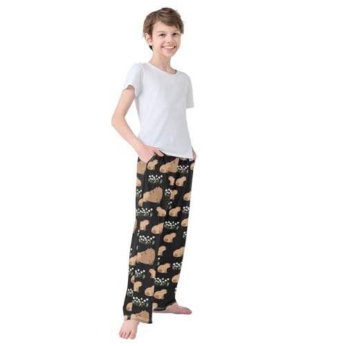 Boys' Pants Animal Capybara White Flower Leaf Long Bottoms Jogger Pants Elastic Waist Trousers with Pockets S-XL4