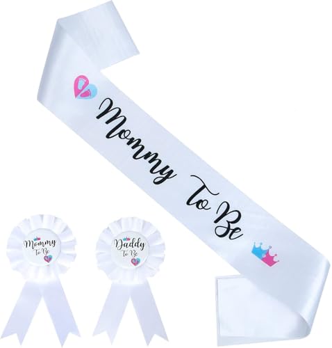 Gender Reveal Decorations - Sash and Tinplate Badge Mommy to Be and Daddy to Be Baby Shower