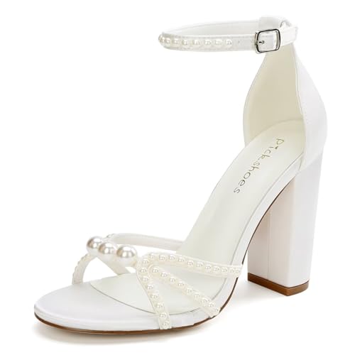 Pearl Wedding Shoes for Bride Block Heel Wedding Sandals Open Toe Bridal Shoes Wedding Heels