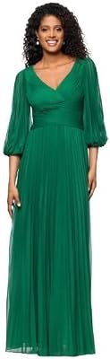 Betsy & Adam Women’s Jersey Pleated V-Neck Long Sleeve Floor Length Dress, Green, 6