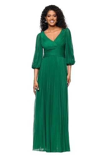 Betsy & Adam Women’s Jersey Pleated V-Neck Long Sleeve Floor Length Dress, Green, 6