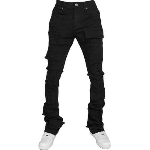 Mens Skinny Straight Leg Stacked Jeans Ripped Distressed Cargo Denim Pants