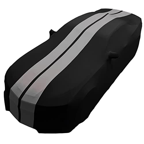Image of SR1 Performance USA Indoor Car Cover for Chevy Camaro 2010-2024 - Ultraguard Stretch Satin Custom Fit, Dust Cover, Breathable Scratch-Resistant Sport Series Stripe (Black /Gray)