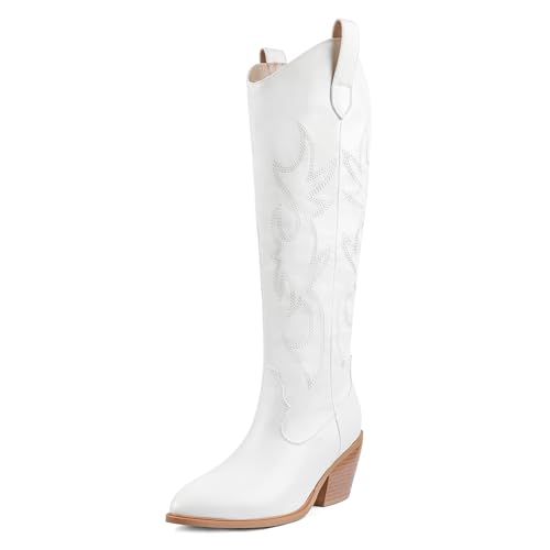 MERUMOTE Women's Western Cowboy Boots Embroidered Shoes Pull On Cowgirl Boots Knee High White 10US