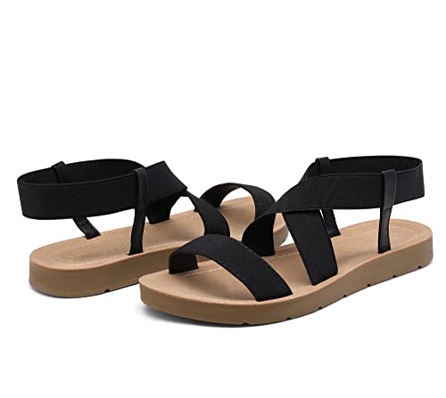 DREAM PAIRS DREAM PAIRS Women's Open Toe Elastic Ankle Strap Flat Summer Sandals,Size 7,Black-1,ELENA-1