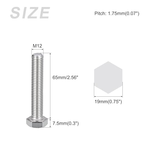 Image of METALLIXITY Hex Bolts (M12-1.75x65mm) 4Pcs, 304 Stainless Steel Coarse Fully Threaded Hex Head Screw Bolt Machine Screws - for Furniture Repair, Silver