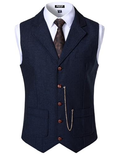 Men's Vintage Slim Fit Suit Vest Formal Prom Party Herringbone Pattern Waistcoat with Chain Detail