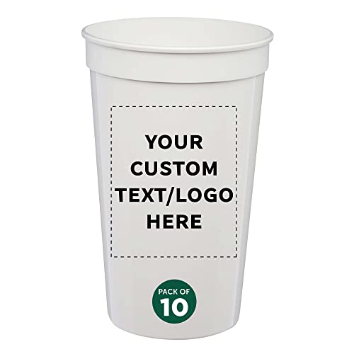 DISCOUNT PROMOS Custom Large Plastic Stadium Cups 22 oz. Set of 10, Personalized Bulk Pack - Perfect for Birthdays, Picnic, Beach, Parties - White