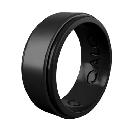 QALO Silicone Ring for Men 8.5mm Wide x 2.5mm Thick Flexible Comfortable Fit Skin-Friendly All-Day Wearable Band Durable Rubber Mens Wedding Band for Training Work Metallic Black Size 07