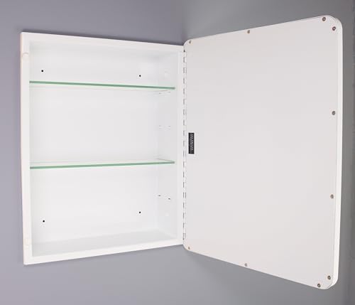 Image of 16x20 Austin Farmhouse Metal Framed Rounded Rectangle Recessed Bathroom Medicine Cabinet, Beveled Mirror, 14x18 in-Wall Opening, powder-coated Steel, Adjustable Glass Shelves, Magnet Close, White
