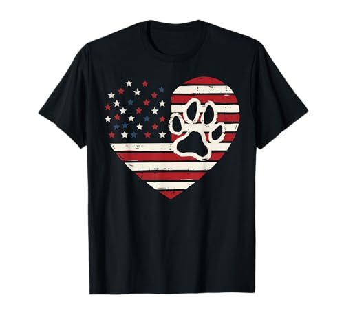 Heart US Flag Paw Print 4th of July Patriotic Men Women Kids T-Shirt