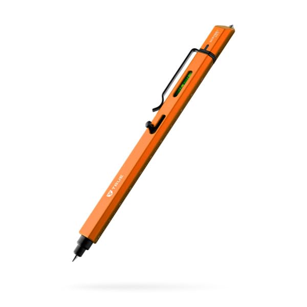 TRUE SCRYBE BOLT Multitool Pen | 8-in-1 Multitool with Ballpoint Pen, Bubble Level, 2 Micro Screwdrivers, Glass Breaker, Scribe, Box Opener, Adjustable Clip - Orange