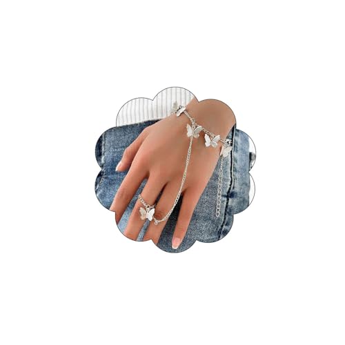 Bethynas Boho Butterfly Tassel Bracelet with Slave Finger Ring Gypsy Butterfly Pendant Hand Harness Bohemian Ring Hand Chain Bracelet for Women (Silver)