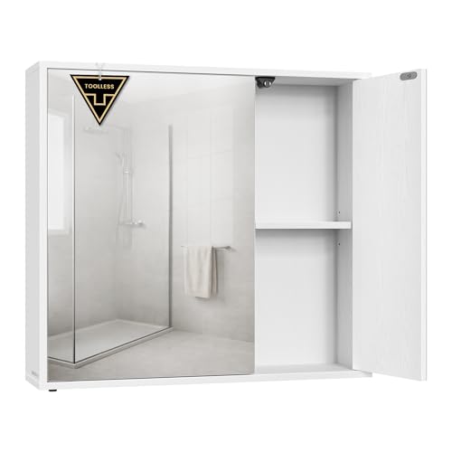 SONGMICS HOME Mobiletto da Bagno con Specchio, Montaggio Rapido Senza Attrezzi Toolless, Specchio con Vano Contenitore, Ripiani Regolabili e Ante, Moderno, 15 x 60 x 55 cm, Bianco Neve BBC114WE01